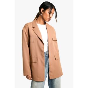 Blazer Surdimensionné Tissé À Poches Décontractées - Marron Camel - 38, Marron Camel