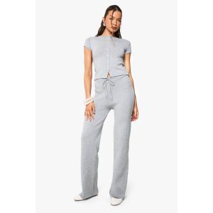 Ensemble T-Shirt Tricoté À Patte De Boutonnage Et Pantalon À Jambes Larges - Gris - Xl, Gris