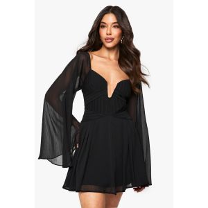 Robe Mini En Chiffon Plissée À Manches Longues - Noir - 44, Noir