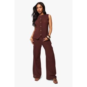 Pantalon À Jambes Larges À Texture Froissée - Marron Chocolat - 44, Marron Chocolat