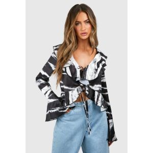 Blouse En Satin Imprimé À Motif Zèbre Avec Volants - Noir - 40, Noir