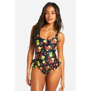 Maillot De Bain Imprimé Aux Fruits À Volant Et Encolure Dégagée - Noir - 34, Noir