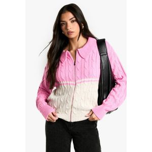 Pull À Col Montant Avec Détail De Câble En Maille Épaisse Et Fermeture Éclair Intégrale - Rose - M, Rose