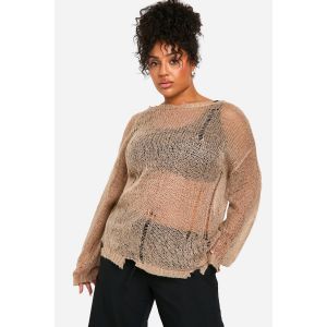 "Plus" Pull Léger Surdimensionné Délavé Semi-Transparent - Marron Taupe - 44-46, Marron Taupe