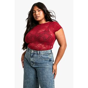"Plus" Cap Sleeve Lace Top - Rouge Bordeaux - 48, Rouge Bordeaux