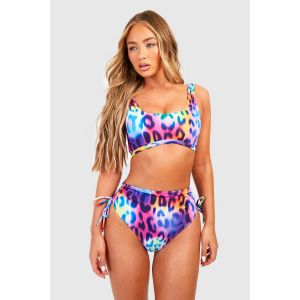 Top Bikini Longline À Encolure Échancrée Léopard - Mauve - 34, Mauve