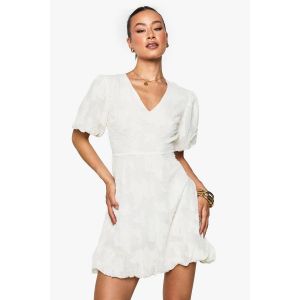 Mini Robe Grande Taille À Imprimé Floral, Tissu Burnout, Décolleté Plongeant Et Manches Bouffantes - Blanc Ivoire - 42, Blanc Ivoire