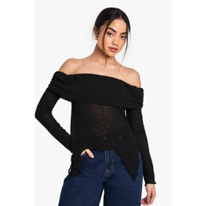 Sheer Mesh Bardot Top With Drape Detail - Noir - 44, Noir