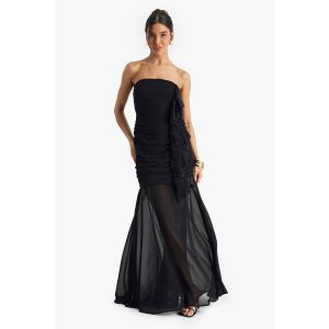 Robe Maxi En Chiffon Froncée - Noir - 40, Noir