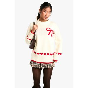 Pull Oversize À Motif Cœur Et Nœud Papillon - Blanc Cassé - M, Blanc Cassé