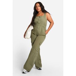 "Plus" Cargo Tissé Utilitaire Combinaison À Encolure Scoop - Vert Kaki - 44, Vert Kaki