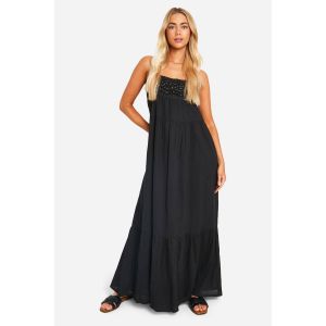 Robe Maxi Smockée Ornée De Perles - Noir - 36, Noir
