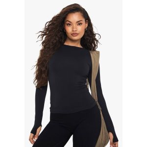 Boohoo Basics Haut À Manches Longues En Maille Côtelée Sans Couture - Noir - L, Noir