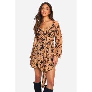 Robe Patineuse Enveloppante En Chiffon Fleuri, Dos En Dentelle, Manches Bouffantes - Noir - 36, Noir