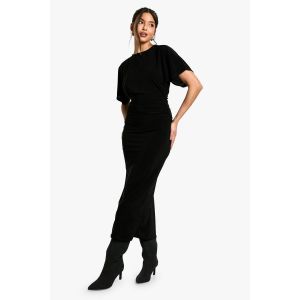 Robe Mi-Longue Cintrée À Manches Courtes - Noir - 46, Noir