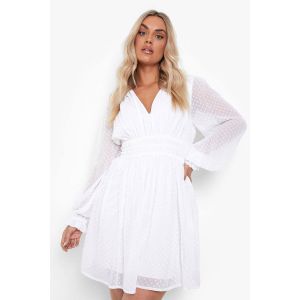 Robe Skater À Manches Longues "Plus" Dobby - Blanc Ivoire - 46, Blanc Ivoire