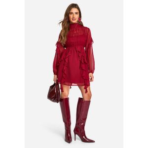 Robe Chemisier En Chiffon Froissé, Encolure Entonnoir Et Volants - Rouge Bordeaux - 42, Rouge Bordeaux