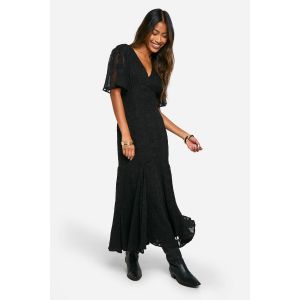 Jacquard Floral Angel Sleeve Midaxi Dress - Noir - 38, Noir