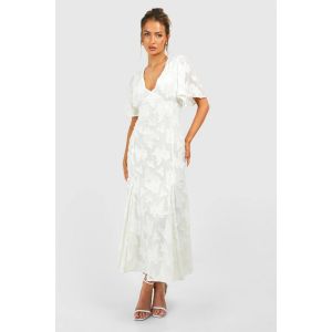 Robe Mi-Longue Fleurie À Manches Courtes - Blanc - 44, Blanc