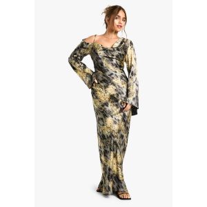 "Petite" Robe Maxi Animale Abstraite À Épaule Drapée - Gris Anthracite - 36, Gris Anthracite
