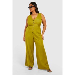 "Plus" Combinaison Pour Grande Taille En Tissu Tissé, Coupée Sur Mesure Et Boutonnée - Vert Kaki - 54, Vert Kaki
