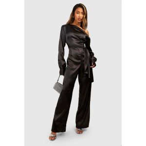 Combinaison En Satin À Une Épaule Et Jambes Larges - Noir - 40, Noir
