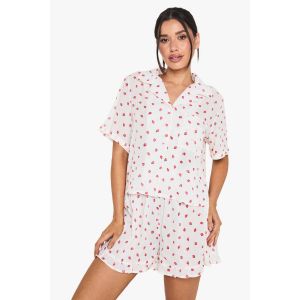 Ensemble De Pyjama Court En Mousseline À Imprimé Fraise Pour Grande Taille - Rouge - 44, Rouge
