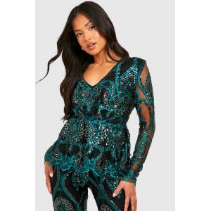 "Petite" Haut À Sequins Damask À Peplum - Bleu Sarcelle - 34, Bleu Sarcelle