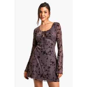 Robe Courte En Mesh À Nouer À L'Avant Avec Manches Évasées - Marron Chocolat - 42, Marron Chocolat