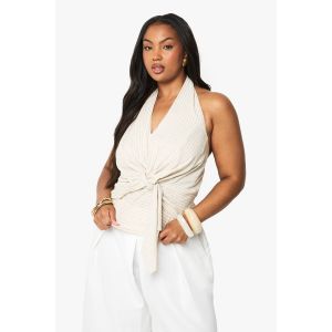 Haut Halter Rayé En Lin Avec Noué Frontal - Gris Pierre - 48, Gris Pierre