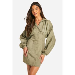 Robe Chemise À Manches Larges Froncées - Vert Kaki - 42, Vert Kaki