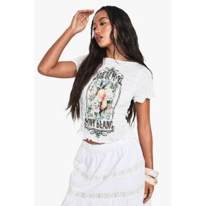 T-Shirt Froncé Imprimé Orange À Col Rond Et Manches Cap - Blanc - 42, Blanc