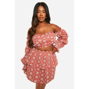 "Plus" Broderie Tiered Frill Mini Skirt - Orange Rouille - 46, Orange Rouille