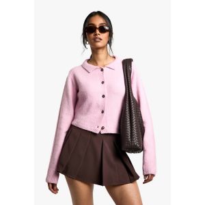 Cardigan En Maille Boutonné À Col - Rose - L, Rose