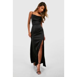 Robe Longue Satinée À Fente - Noir - 44, Noir