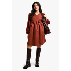 Robe De Maternité Tissée À Manches Longues Enveloppante Smockée - Orange Rouille - 40, Orange Rouille