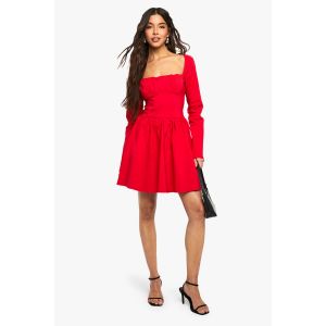 Robe Patineuse À Corset En Bengaline À Manches Longues - Rouge - 38, Rouge