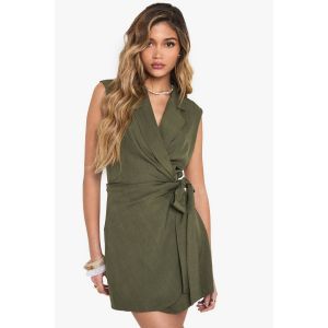 Robe Blazer Sans Manches À Effet Lin, Drapée À L'Avant, Style Wrap - Vert Kaki - 34, Vert Kaki