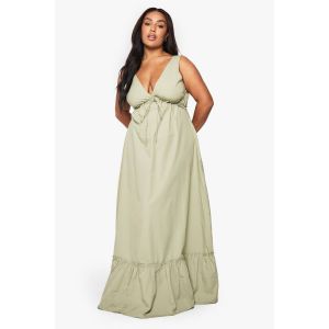 Robe Maxi En Popeline De Coton À Effet Froncé Avec Détail De Nœud - Vert Mastic - 46, Vert Mastic