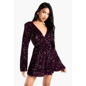 Velours À Sequins, Combinaison Courte À Manches Évasées - Rouge Vin - 38, Rouge Vin