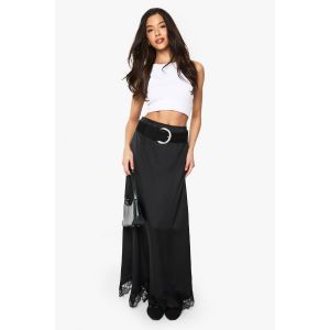 Satin Lace Trim Maxi Slip Skirt - Noir - 38, Noir