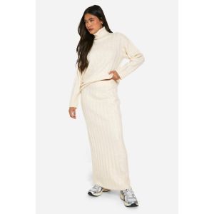 Wide Soft Rib Roll Neck Jumper And Maxi Skirt Co-Ord - Blanc Écru - M, Blanc Écru