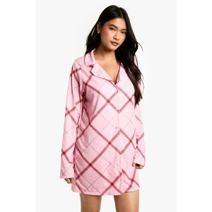 Chemise De Nuit À Manches Longues Imprimée Tartan De Noël - Rose - 42, Rose