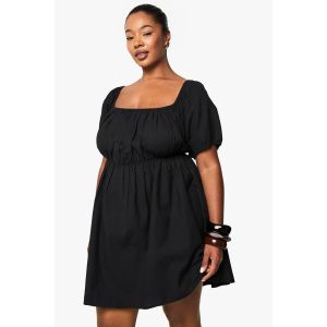 Robe Mini Smock En Lin Grande Taille Avec Dos Noué Et Manches Bouffantes - Noir - 52, Noir