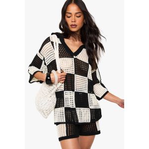 Haut De Plage En Crochet Damier - Noir - M, Noir