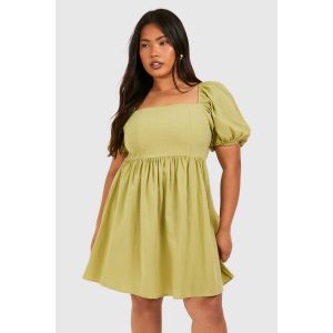 Robe Mini Smock En Lin À Look "Plus" Et Manches Bouffantes - Citron Vert - 46, Citron Vert