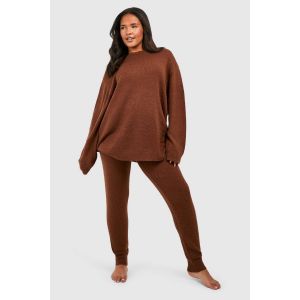 "Plus" Knitted Crew Neck Jumper Lounge Set - Marron - 44, Marron