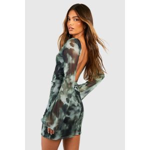 Tie Dye Robe Mini Dos Ouvert À Manches Évasées - 46, Vert