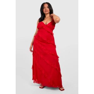 "Plus" Floral Chiffon Maxi Robe À Volants - Rouge - 54, Rouge