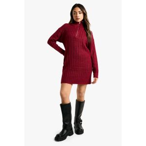 Robe Mini Oversize En Tricot Doux À Côtes Épaisses Et Col À Zip - Rouge Lie De Vin - M, Rouge Lie De Vin